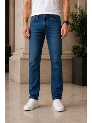 Ser Joven Erkek Okyanus Mavisi Regular Fit Boru Paça Likralı Jean Pantolon