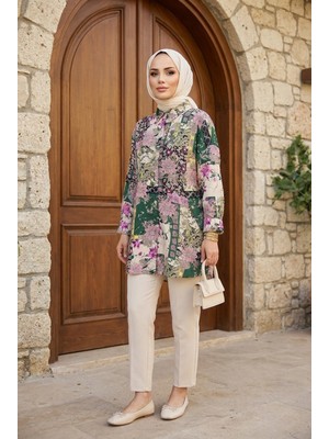 Kirazca Butik Kadın Vintage Desenli Rahat Kesim Tesettür Tunik (Ön 80 / Arka 85)