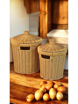 Bauer Tools 2'li Kapaklı Rattan Konik Çok Amaçlı Patates- Soğan Sepeti