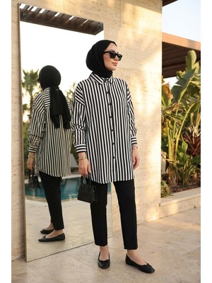 Kirazca Butik Kadın Çizgili Tunik Gömlek 80/85 cm