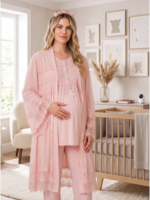 Lohussa Yeni Sezon Pembe Şık Dantel Detaylı Düğmeli Tasarım Kısa Kollu Hamile Lohusa Sabahlık Pijama Takımı Seti