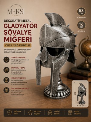 Mersi Shop Dekoratif Metal Gladyatör Şövalye Miğferi Biblosu Orta Çağ Savaşçı Kaskı Masaüstü Dekor 53X16 cm