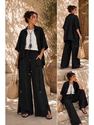 Adam & Eve Fashion Kadın Kahverengi Siyah Oversize Gömlek ve Bol Paça Kargo Pantolon Ikili Takım