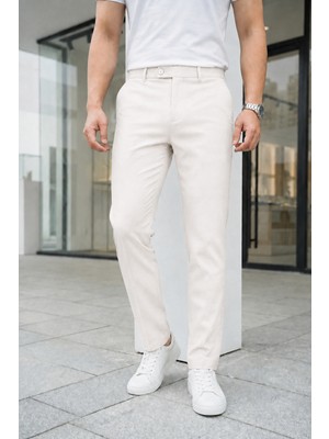 Ser Joven Erkek Kırık Beyaz Slim Fit Likralı Yan Cep Bilek Boy Düz Kumaş Pantolon