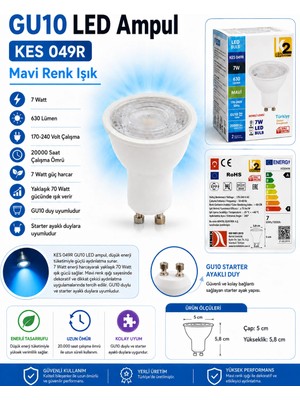 K2 7W Mavi GU10 Duylu Lensli Çanak LED Spot Ampul 630LM 7 Watt 220 Volt (Starter Duylu)