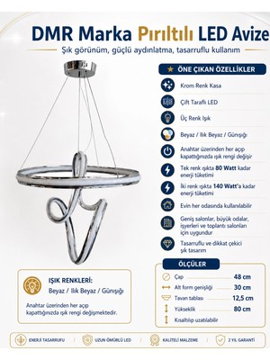 Dmr 1 Toplu Pırıltı Bademli Sarkıt LED Avize Krom Geniş Şerit Kasa Üç Renk 6500K/4000K/3000K (Beyaz /ılık Beyaz/sarı (Günışığı))