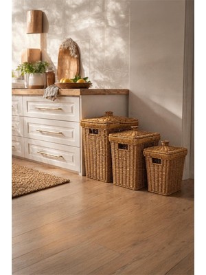 Bauer Tools 3'lü  Kapaklı Kare Rattan Konik Çok Amaçlı Patates- Soğan Sepeti