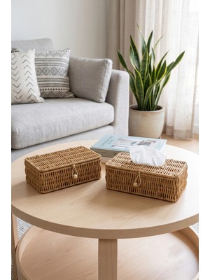 Avantage Home Meine - 2'li Rattan Dekoratif Peçetelik ve Saklama Kutusu Çok Amaçlı Sepet Seti, Organizer, Düzenleyici