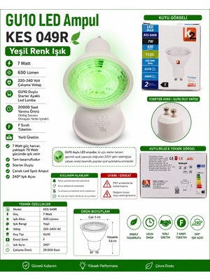 K2 7W Yeşil GU10 Duylu Lensli Çanak LED Spot Ampul 630LM 7 Watt 220 Volt (Starter Duylu)