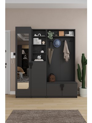 Asra Trend Lüks Aynalı Portmanto Askılı Vestiyer %100 Mdf Çok Raflı Ayakkabılık V03