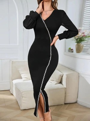Lune Store Kadın Uzun Kollu V Yakalı Yırtmaçlı Taşlı Uzun Ithal Krep Elbise