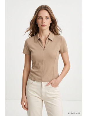 Rays Polo Yaka Kısa Kol Crop Tişört 26651 Vizon