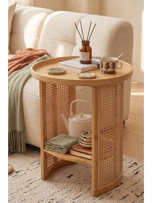 Robin Home Doğal Bambu Rattan Yan Sehpa Tepsili Yuvarlak Dekoratif Sehpa