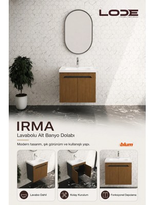 Lode Bath Lode Irma Antrasit Ahşap 70 cm Seramik Lavabolu Alt Banyo Dolabı