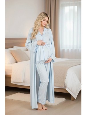 Lohussa Yeni Sezon Mavi Biyeli Emzirme Özellikli Uzun Kol Hamile Lohusa Uzun Sabahlık Pijama Takımı 3'lü Set
