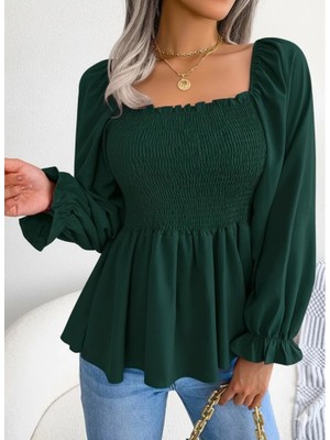 Lune Store Kadın Uzun Kollu Geometrik Yakalı Gipe Detaylı Krep Bluz