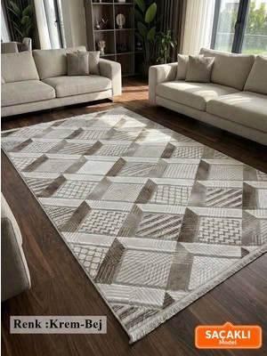 Dinarsu Krem Bej Saçaklı Modern Yıkanabilir Kabartmalı Kaymaz Taban Kesme Halı Yolluk