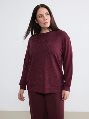 Lc Waikiki Yeni Sezon Büyük Beden Bisiklet Yaka Taşlı Kadın Sweatshirt