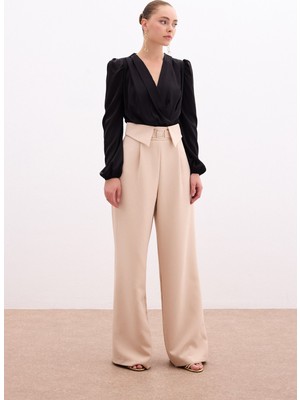 Sateen Bel Detaylı Geniş Paça Pantolon