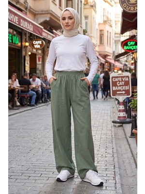Modestim Kadın Haki Cepli Ince Kot Kumaş Yıkamalı Tesettür Pantolon