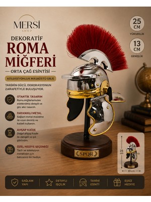 Mersi Shop Dekoratif Roma Miğferi Biblosu Ahşap Kaideli Masaüstü Obje Koleksiyonluk Kask 25X13 cm