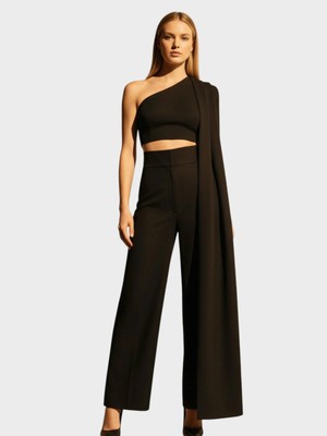 Rivus Asimetrik Şal Detaylı Crop Bluz - Siyah