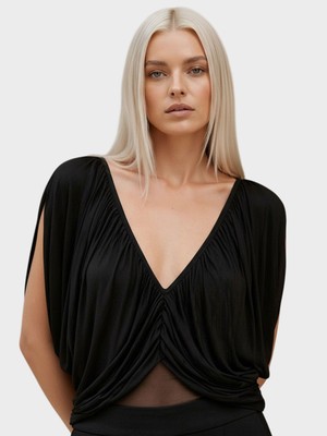Rivus V Yaka Drapeli Düşük Omuz Çıtçıtlı Body - Siyah