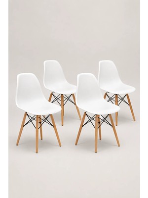 Seduna Beyaz Eames Sandalye - 4 Adet - Natural Ahşap Ayaklı