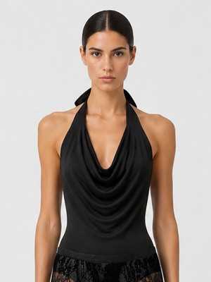 Rivus Sırt Dekolteli Kavisli Drape Detaylı Alttan Çıtçıtlı Body - Siyah