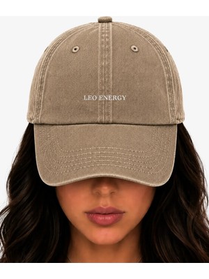 Weaved Co Aslan Enejisi Beyaz Nakışlı Şapka, Aslan Burcu Vintage Yıkamalı Basball Şapkası (Leo Energy Embroidered Hat )