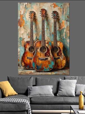 Tablomega Duvara Asılı Üç Akustik Gitar Dekoratif Kanvas - Mdf Ahşap Tablo