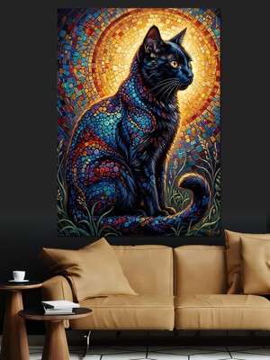 Tablomega Mozaik Desenli Kara Kedi Gece Dekoratif Kanvas - Mdf Ahşap Tablo