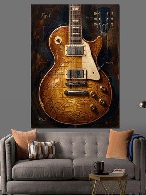 Tablomega Vintage Gitar ve Teknik Çizim Dekoratif Kanvas - Mdf Ahşap Tablo