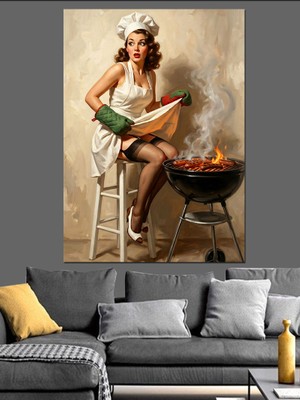 Tablomega Mangalda Etli Pin-Up Aşçı Dekoratif Kanvas - Mdf Ahşap Tablo