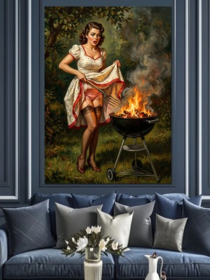 Tablomega Mangalda Et Pişiren Pin-Up Dekoratif Kanvas - Mdf Ahşap Tablo