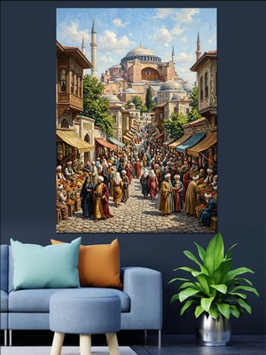 Tablomega Ayasofya Önünde Osmanlı Kalabalık Sokak Dekoratif Kanvas - Mdf Ahşap Tablo