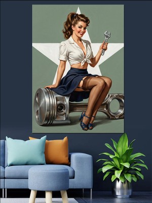 Tablomega Piston Üzerinde Pin-Up Tamirci Dekoratif Kanvas - Mdf Ahşap Tablo