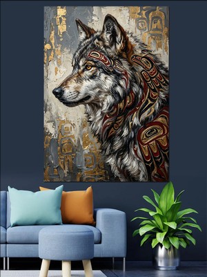 Tablomega Tribal Desenli Kurt Portresi Dekoratif Kanvas - Mdf Ahşap Tablo