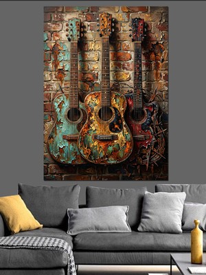 Tablomega Duvara Asılı Eskimiş Gitarlar Dekoratif Kanvas - Mdf Ahşap Tablo