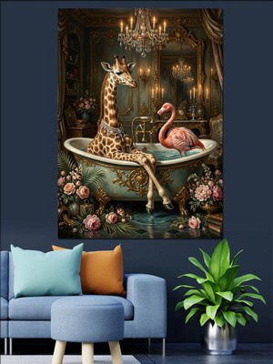 Tablomega Küvette Zürafa ve Flamingo Banyo Dekoratif Kanvas - Mdf Ahşap Tablo