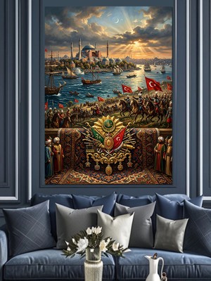 Tablomega Istanbul Boğazı ve Türk Bayrakları Dekoratif Kanvas - Mdf Ahşap Tablo