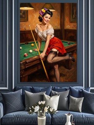 Tablomega Bilardo Masasında Pin-Up Kadın Dekoratif Kanvas - Mdf Ahşap Tablo