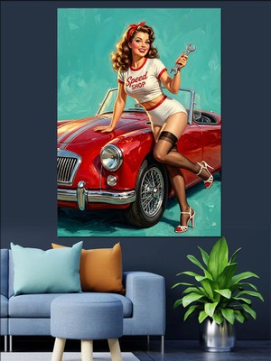 Tablomega Kırmızı Arabalı Pin-Up Kadın Dekoratif Kanvas - Mdf Ahşap Tablo