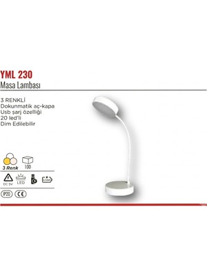 YCL Yml 230 Dokunmatik 3 Renkli Dim Edilebilir 20 LED Şarjlı Masa Lambası - 3W