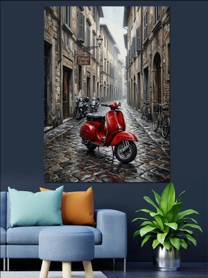 Tablomega Taş Sokakta Kırmızı Scooter Dekoratif Kanvas - Mdf Ahşap Tablo