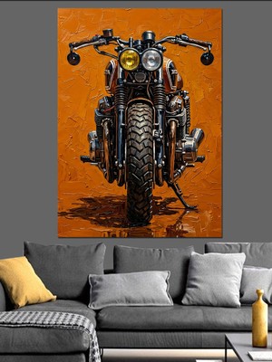 Tablomega Turuncu Zeminde Cafe Racer Motor Dekoratif Kanvas - Mdf Ahşap Tablo