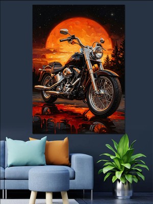 Tablomega Gün Batımında Motosiklet Chopper Dekoratif Kanvas - Mdf Ahşap Tablo