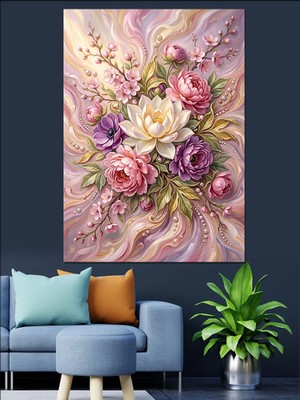 Tablomega Pembe Beyaz Lotus ve Şakayık Dekoratif Kanvas - Mdf Ahşap Tablo