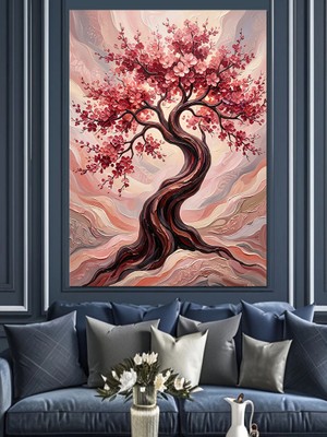 Tablomega Pembe Sakura Ağacı Kıvrımlı Dekoratif Kanvas - Mdf Ahşap Tablo