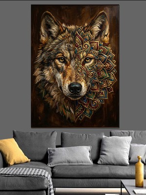 Tablomega Mandala Desenli Kurt Portresi Dekoratif Kanvas - Mdf Ahşap Tablo